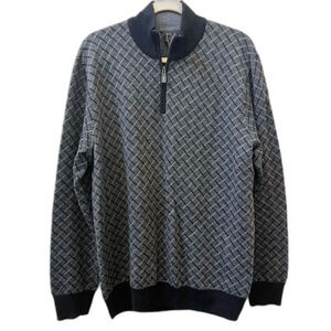 Jos A. Bank Black Gray Check Merino Wool Sweater Mens XL Pullover Zip Mock Neck